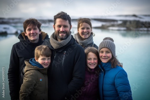 Portrait of happy family standing in front of frozen lake in winter