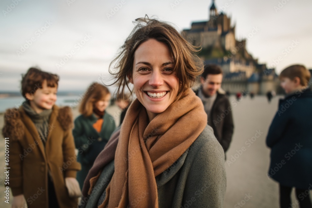 Portrait of a smiling woman with friends on the background in Paris
