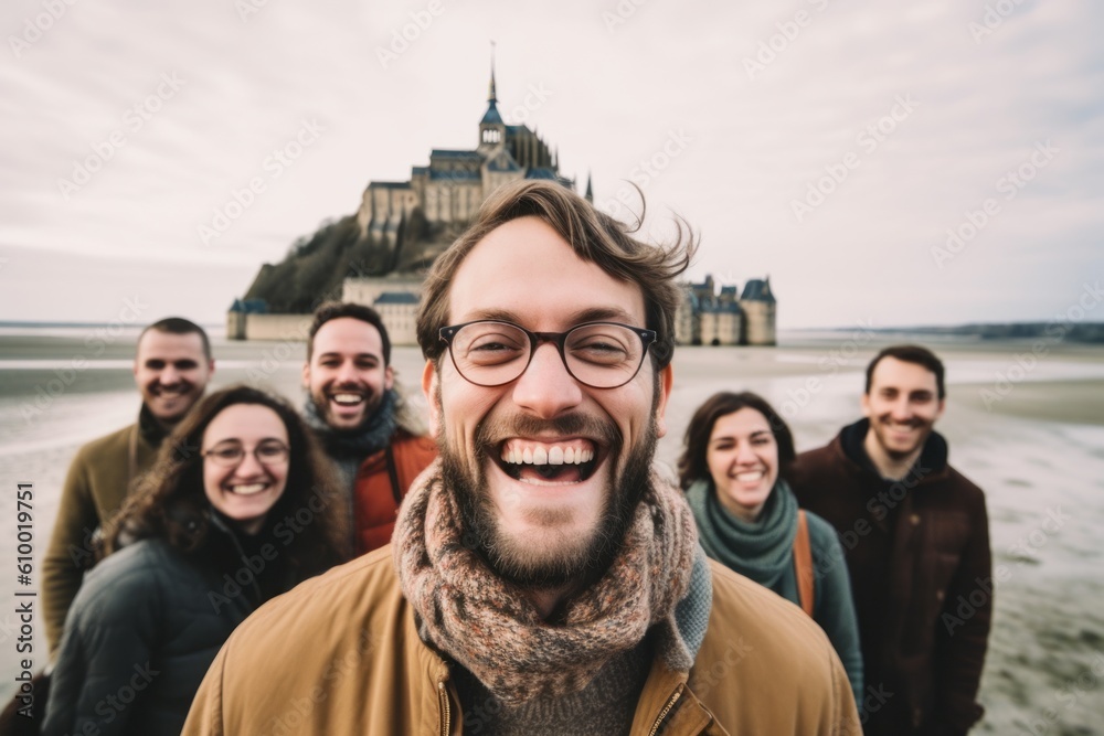 Group portrait photography of a grinning man in his 30s that is smiling with friends at the Mont Saint-Michel in Normandy France . Generative AI Group portrait photography of a grinning man in his 30s that is smiling with friends at the Mont Saint-Michel in Normandy France . Generative AI