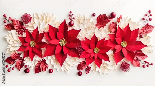 Frame of flowers of red poinsettia, branch christmas tree. Generative ai