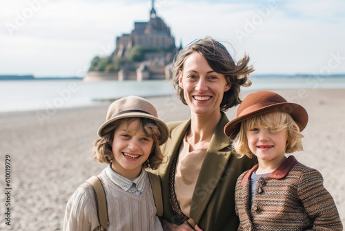 happy mother and kids in hats looking at camera on beach with Mont Saint Michel