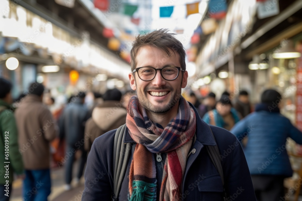 Lifestyle portrait photography of a pleased man in his 30s that is wearing a charming scarf at the Tsukiji Fish Market in Tokyo Japan . Generative AI Lifestyle portrait photography of a pleased man in his 30s that is wearing a charming scarf at the Tsukiji Fish Market in Tokyo Japan . Generative AI