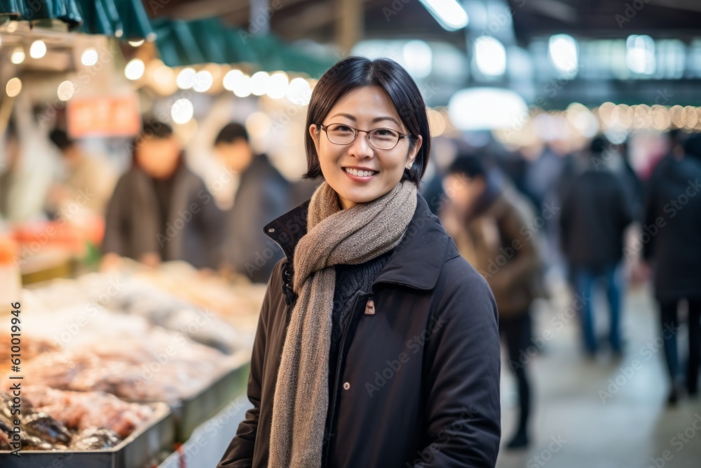 Young asian woman shopping at the market and looking at camera.