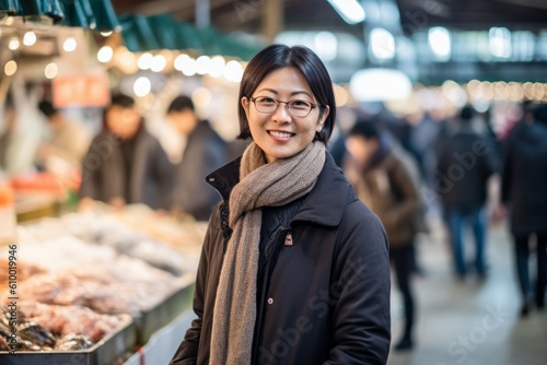 Young asian woman shopping at the market and looking at camera.