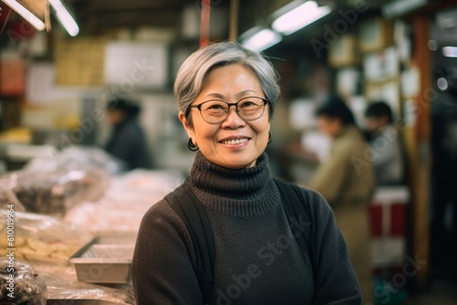 Portrait of Asian senior woman in black sweater and eyeglasses at market