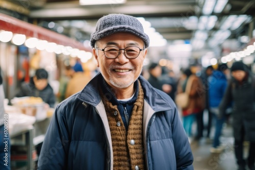 Portrait of senior Asian man at street food market in Tokyo  Japan