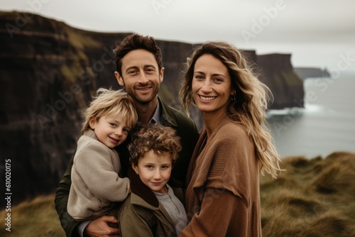 Portrait of a happy family of four standing in front of the cliffs at the Atlantic Ocean in Iceland