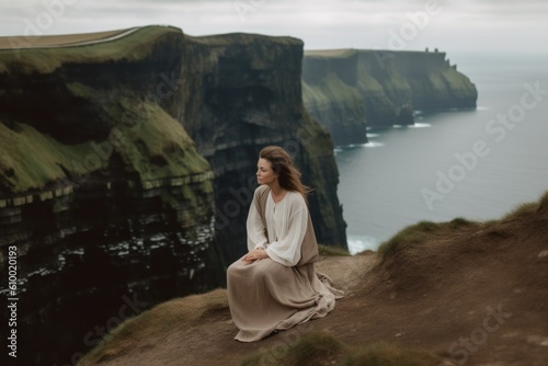 Beautiful young woman in a long white dress sits on the edge of the cliff and looks into the distance © Anne Schaum