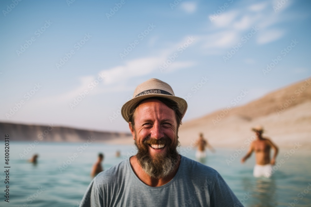 Lifestyle portrait photography of a pleased man in his 40s that is smiling with friends at the Dead Sea in Israel/Jordan . Generative AI
