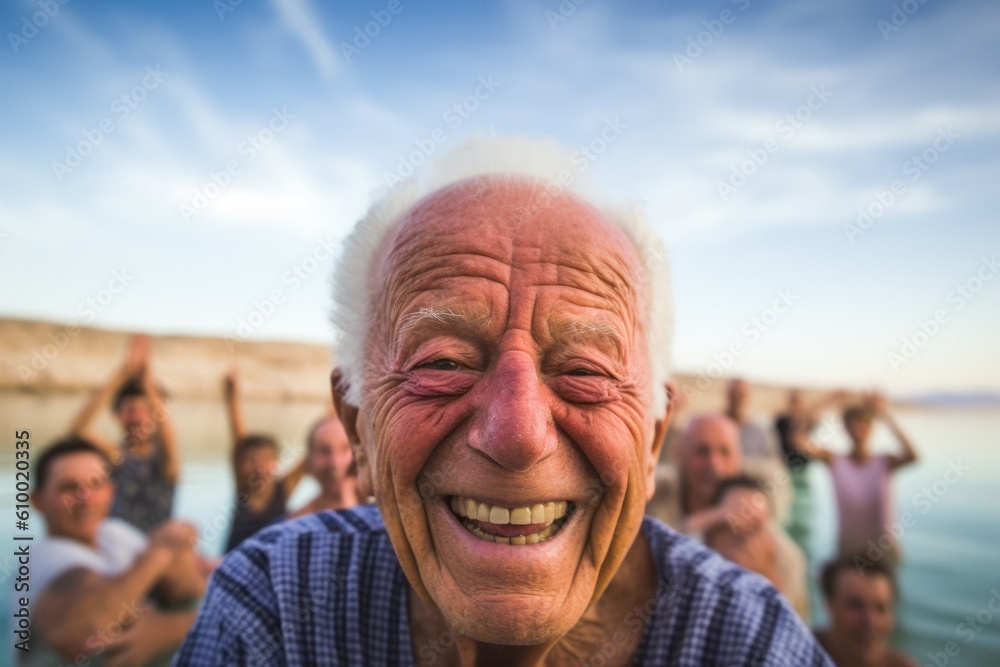 Portrait of senior man smiling at camera with friends in background at beach Portrait of senior man smiling at camera with friends in background at beach