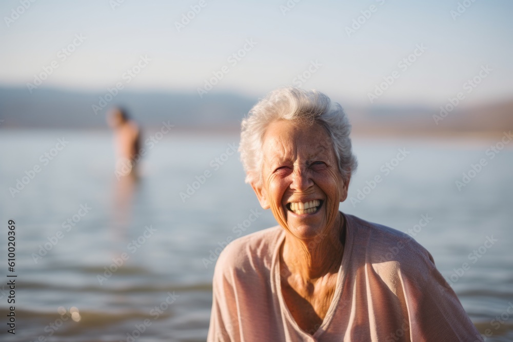 Portrait of happy senior woman standing in water at beach during sunny day Portrait of happy senior woman standing in water at beach during sunny day