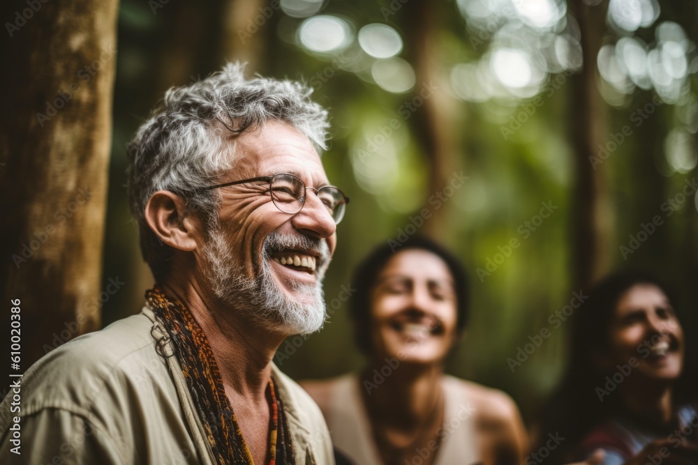 Lifestyle portrait photography of a pleased man in his 50s that is smiling with friends at the Amazon Rainforest in Brazil . Generative AI Lifestyle portrait photography of a pleased man in his 50s that is smiling with friends at the Amazon Rainforest in Brazil . Generative AI