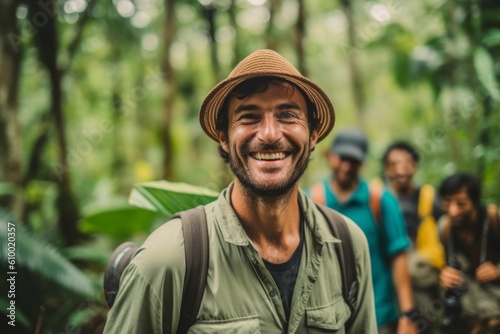 Portrait of a smiling man with a backpack standing in the forest