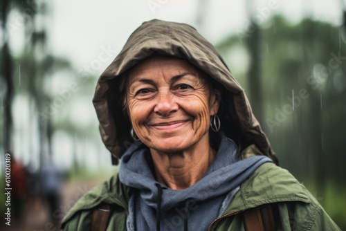 portrait of a smiling elderly woman with a hood in the rain