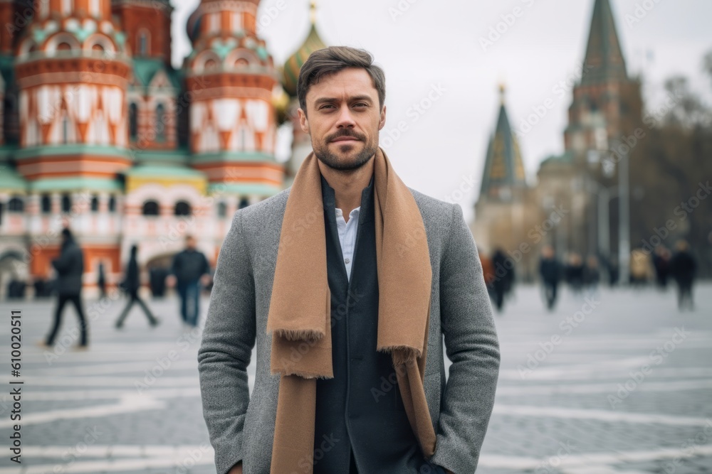 Young handsome man in coat and scarf on the Red Square in Moscow