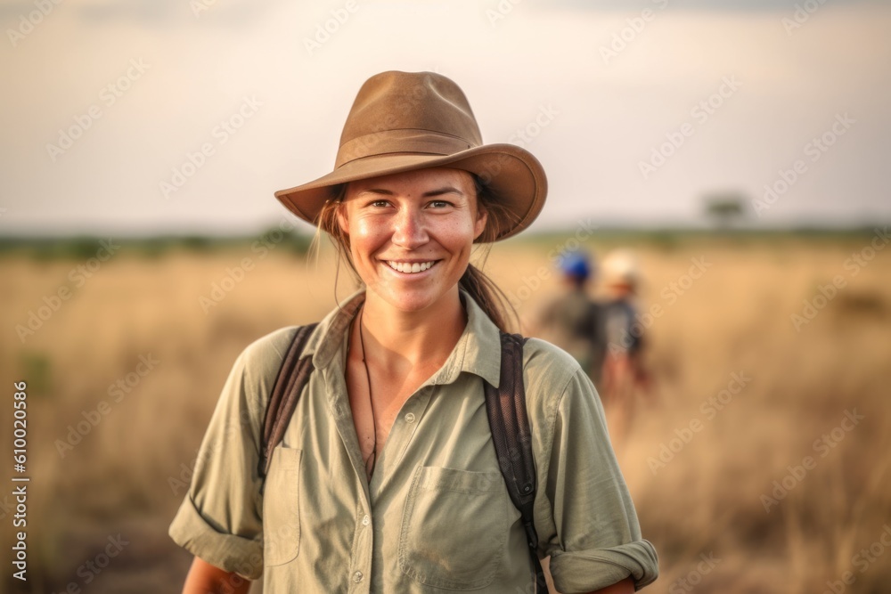 Happy woman hiker with backpack in grassland at sunset in summer