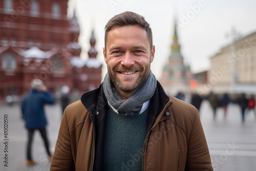 Portrait of a happy young man on the background of the Moscow Kremlin