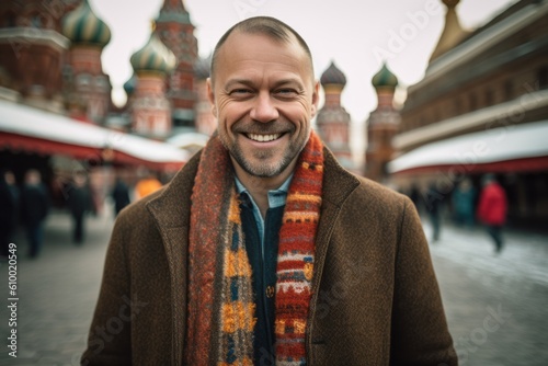 Portrait of a smiling middle-aged man in a coat on the background of the Red Square in Moscow.