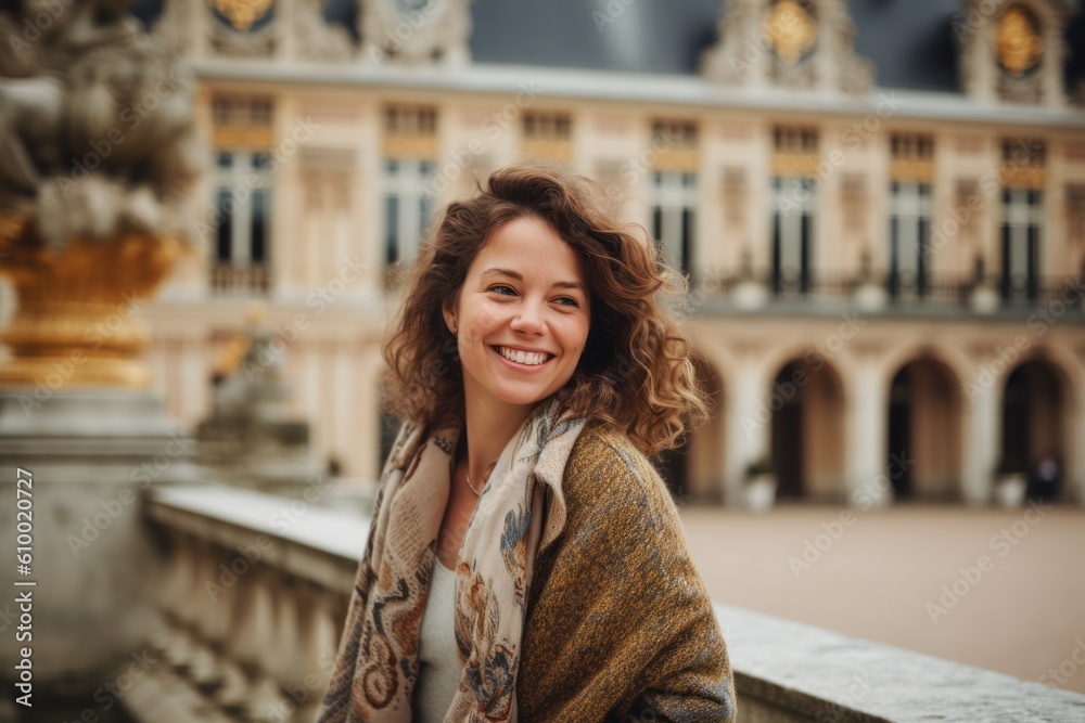 Lifestyle portrait photography of a cheerful woman in her 30s that is wearing a cozy sweater at the Palace of Versailles in Versailles France . Generative AI Lifestyle portrait photography of a cheerful woman in her 30s that is wearing a cozy sweater at the Palace of Versailles in Versailles France . Generative AI