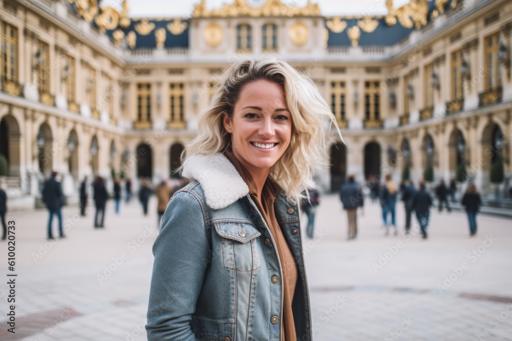 Beautiful blonde woman in Paris, France walking around the Grand Place