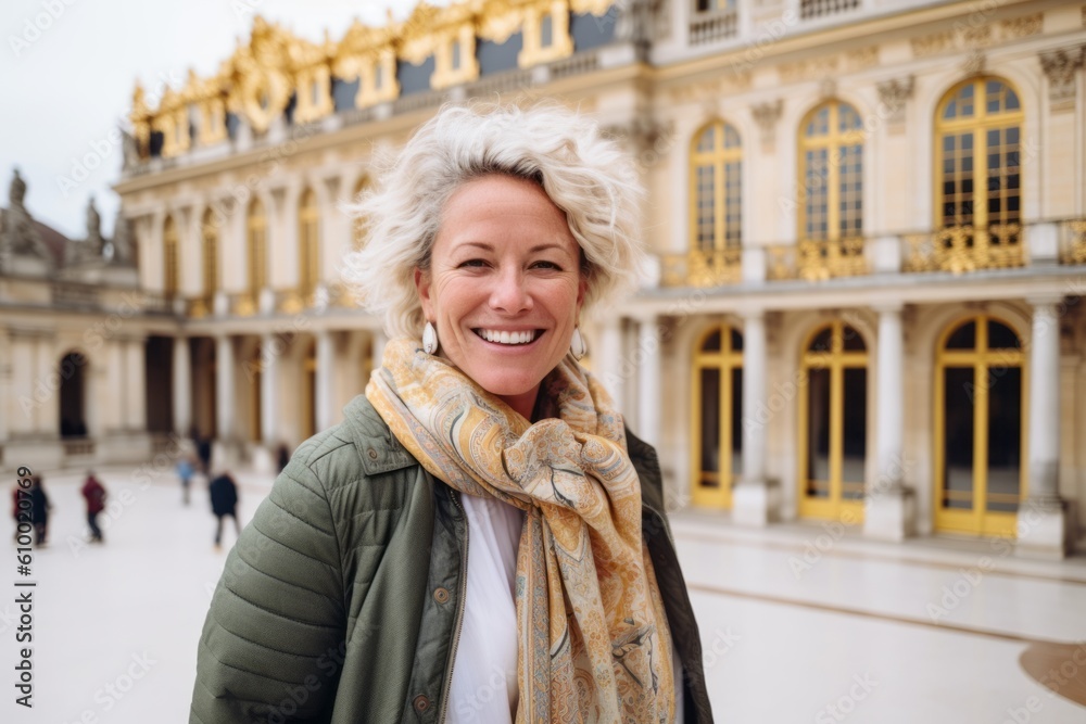 Portrait of smiling middle-aged woman in front of Versailles Palace