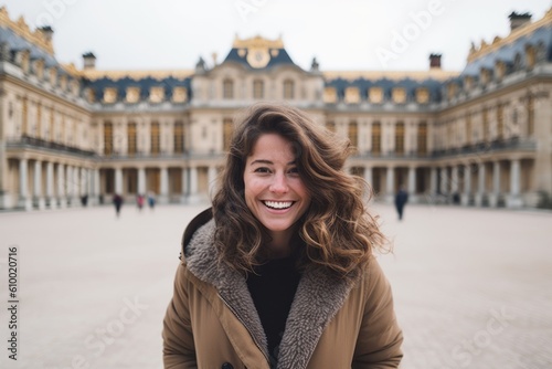 Portrait of a beautiful young woman with long wavy hair in a beige coat in Paris