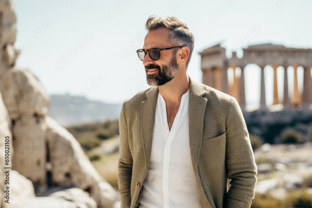 Handsome bearded man in sunglasses is looking away and smiling while standing on the ruins of ancient temple