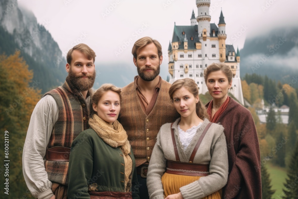 Group of tourists in traditional clothes posing in front of a castle in the mountains Group of tourists in traditional clothes posing in front of a castle in the mountains