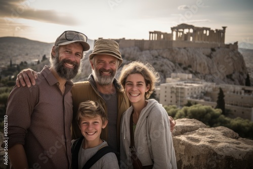 Portrait of happy family in front of the temple of Hephaestus in Athens  Greece