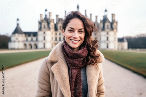 Cheerful young woman in coat and scarf smiling at camera in park