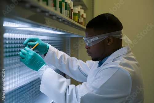Black healthcare pharmacist preparing medication 