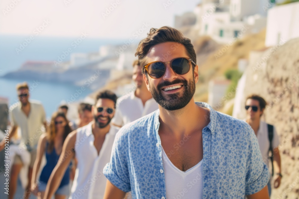 Group of friends having fun on vacation in Santorini island, Greece Group of friends having fun on vacation in Santorini island, Greece