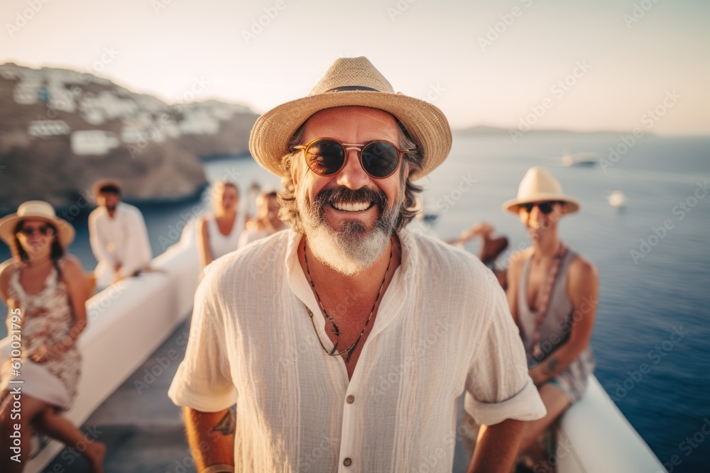 Group portrait photography of a satisfied man in his 40s that is smiling with friends at the Santorini Island in Greece . Generative AI