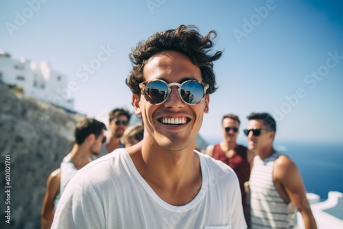 Portrait of young man with friends on the background in Santorini © Anne Schaum