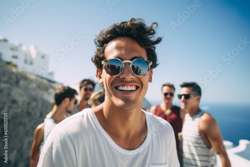 Portrait of young man with friends on the background in Santorini
