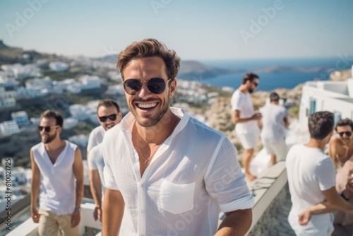 Group of friends having fun on the greek island of Santorini