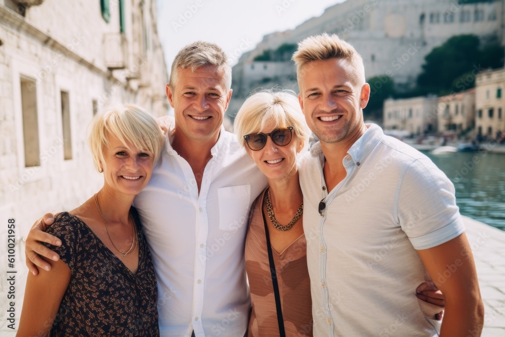 Group of smiling friends standing on the waterfront in Dubrovnik, Croatia Group of smiling friends standing on the waterfront in Dubrovnik, Croatia