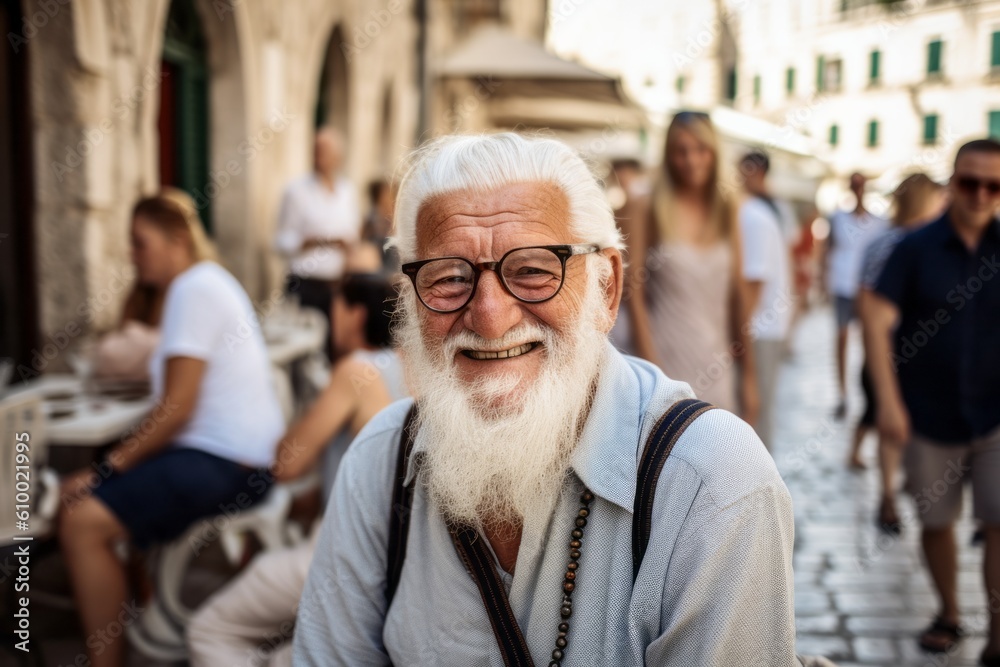 Lifestyle portrait photography of a pleased man in his 80s that is smiling with friends at the Dubrovnik Old Town in Dubrovnik Croatia . Generative AI Lifestyle portrait photography of a pleased man in his 80s that is smiling with friends at the Dubrovnik Old Town in Dubrovnik Croatia . Generative AI