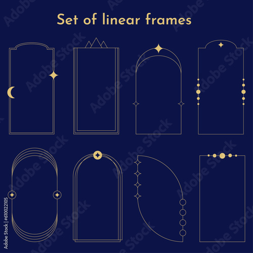 Modern Minimalist Aesthetic linear frames with arcs, stars and moon. Aesthetic boho elements and arch line frame with sparkles. Vector illustration.