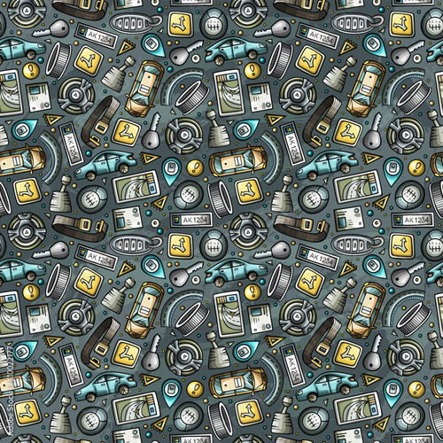 Cartoon cute doodles Automotive seamless pattern