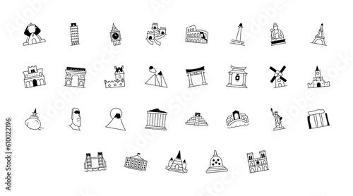 Set of world landmark icons. Simple art style icons pack. Vector illustration
