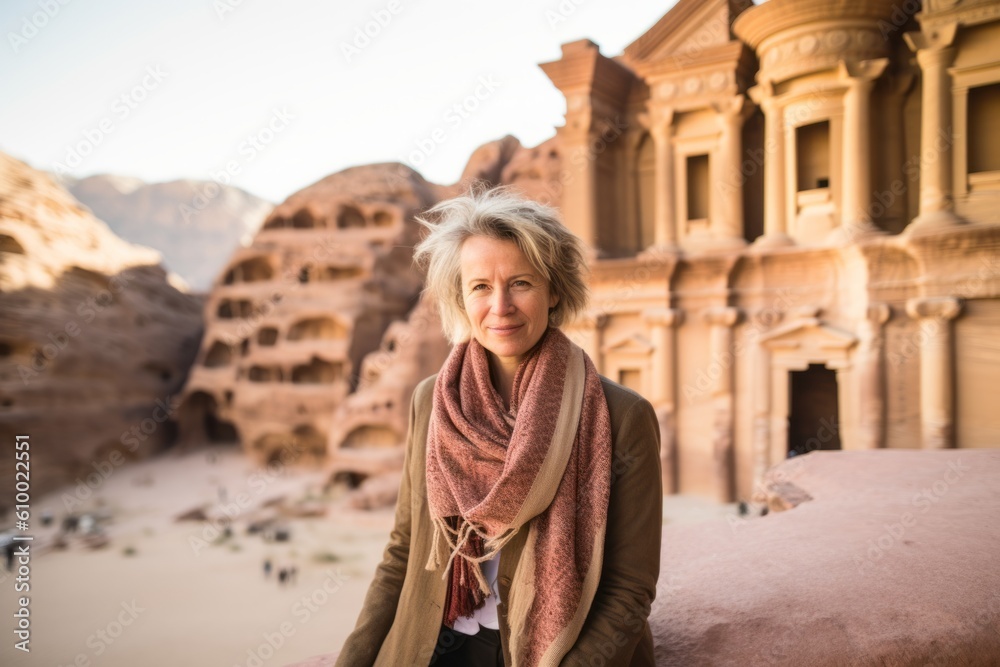 Beautiful middle-aged woman in the ancient city of Petra, Jordan