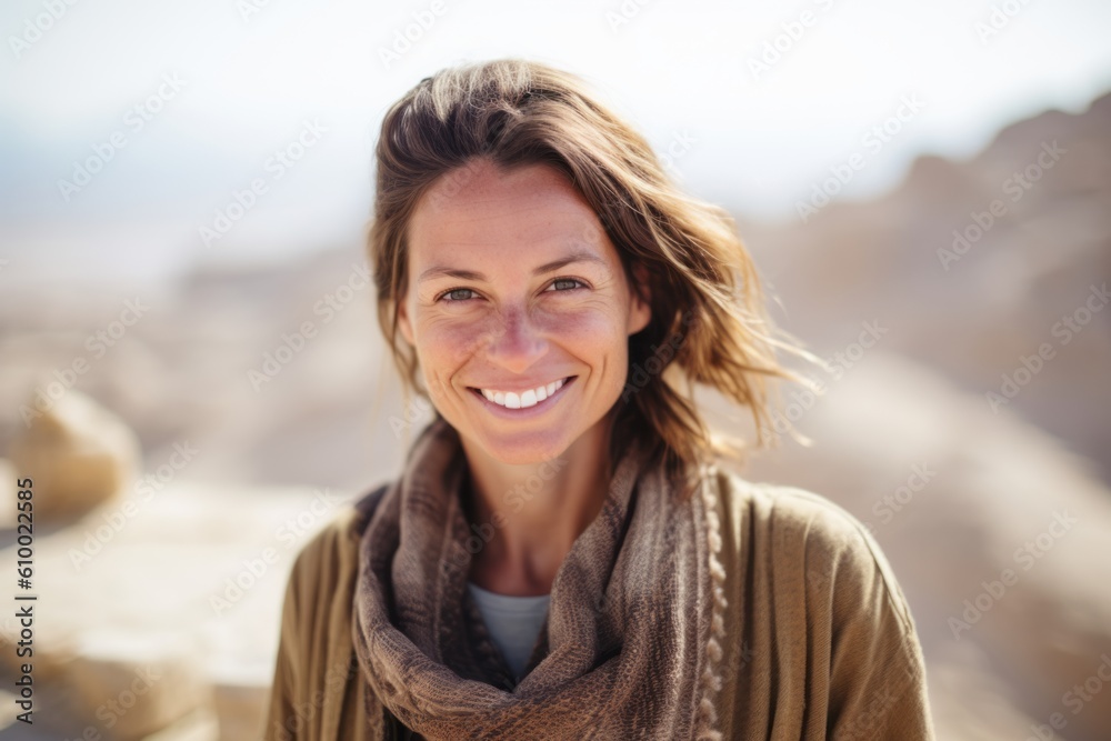 Portrait of smiling woman with scarf and sweater standing in the desert Portrait of smiling woman with scarf and sweater standing in the desert