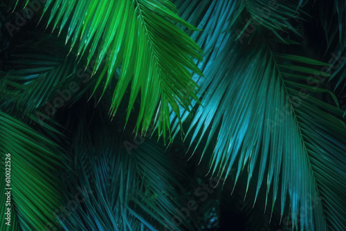 Background texture green palm leaves tropical jungle. AI