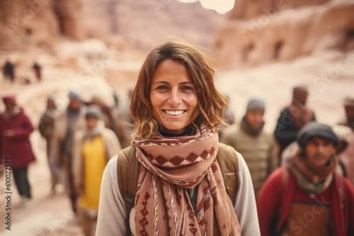 Lifestyle portrait photography of a pleased woman in her 40s that is smiling with friends at the Petra in Maan Governorate Jordan . Generative AI