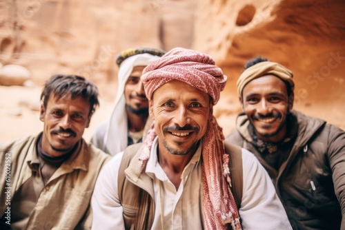 Cheerful group of friends standing together in Petra, Jordan.