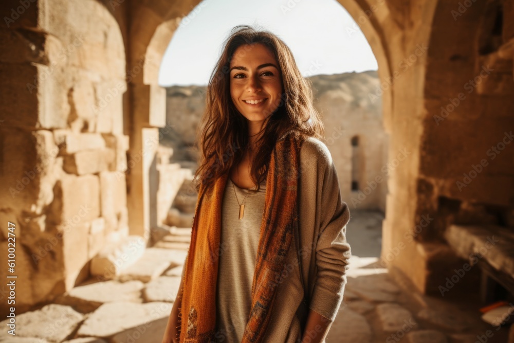 Naklejka premium Portrait of a young woman in the old city of Petra, Jordan.