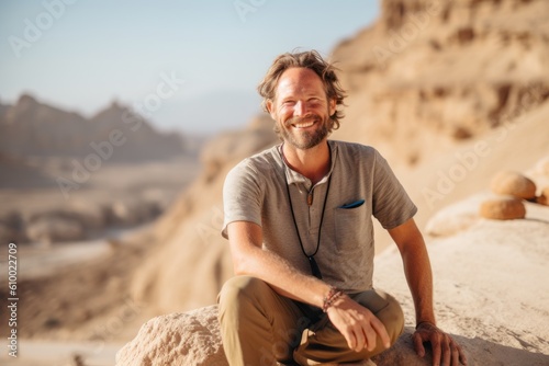 Handsome middle-aged man sitting on a rock in the desert
