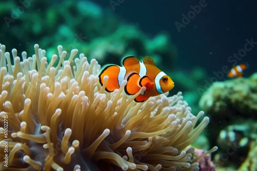Clown fish on an anemone underwater reef in the tropical ocean. AI