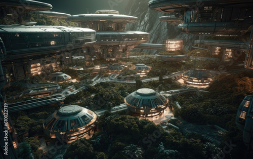 Ultra futuristic sci-fi village or colony covered in vegetation. Fantastic architecture created with generative AI.